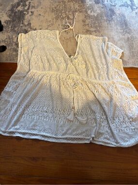 Crochet Lace Tie-Front Swimsuit Cover in Cream